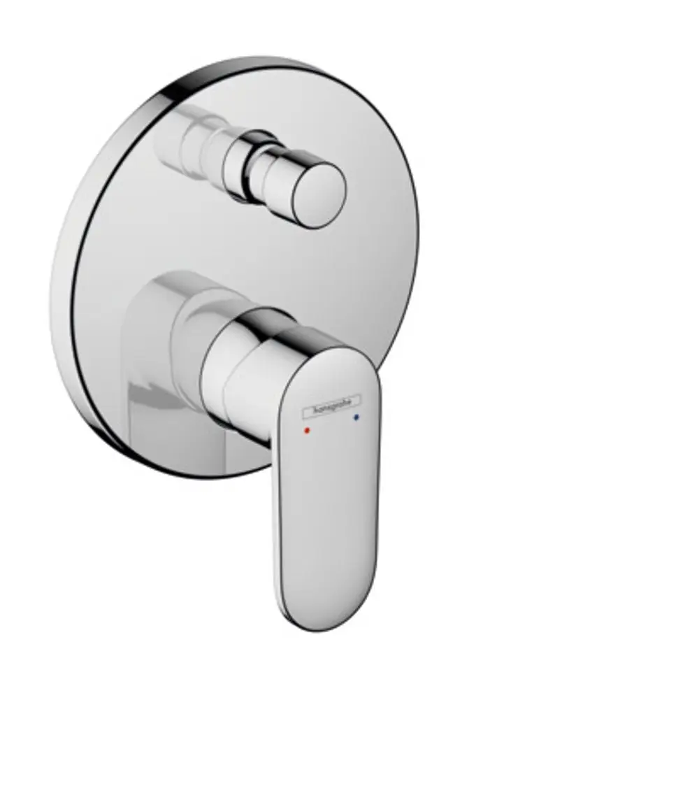 Chromfarbener Einhebelmischer von Hansgrohe, unterputz montiert, mit zwei Bedienelementen für Temperatur und Wassermenge, an runder Wandplatte.